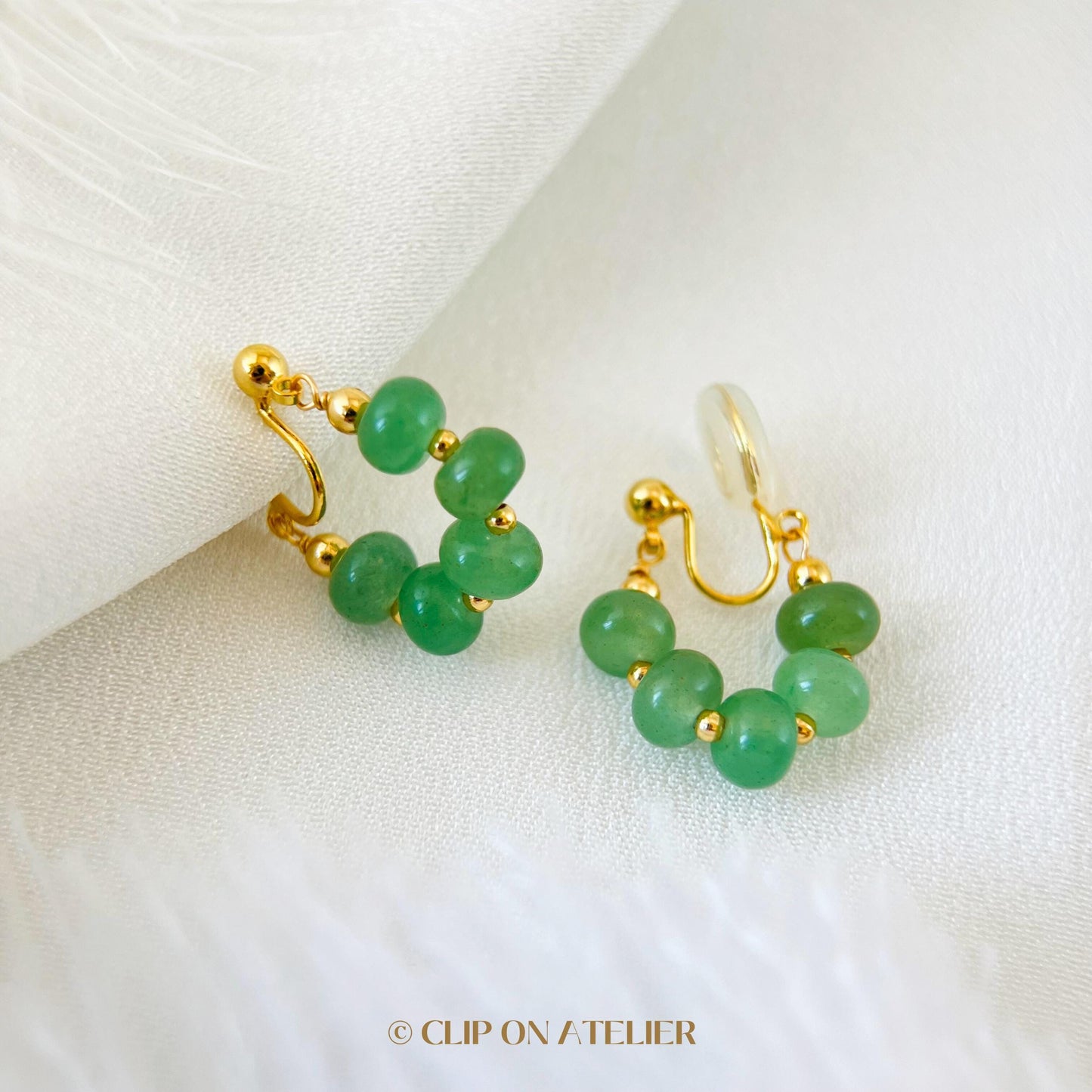 Clip On Earrings Minimalist Green Gemstone Hoop, Jade Green Agate Aventurine, Boho Dainty Huggies Ear Clips, No Pierced Ears No piercing