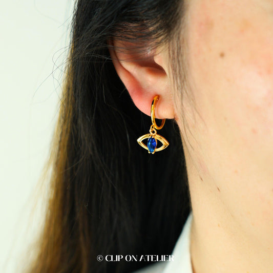 Clip On Earrings Evil Eye Minimalist Gold Hoop Halloween Sapphire Blue Diamond, Boho Dainty Dangle Huggies, Non Pierced Ears No Piercing