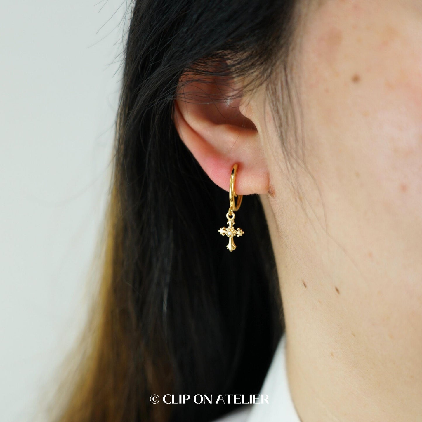 Gold Cross Clip-On Hoop Earrings: Dainty CZ Diamond Dangle, Non-Pierced