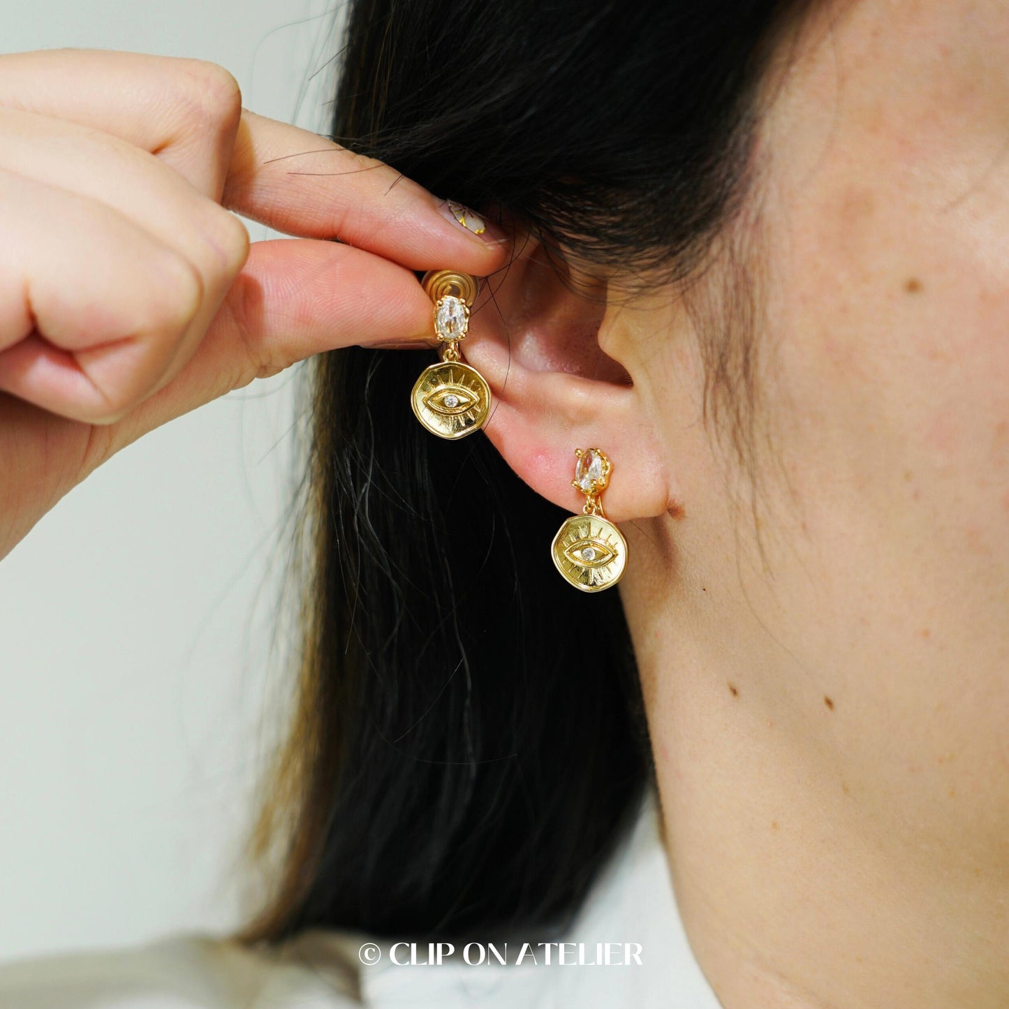 Gold Evil Eye Clip On Earrings: CZ Diamond Dangle, Non Pierced Ears