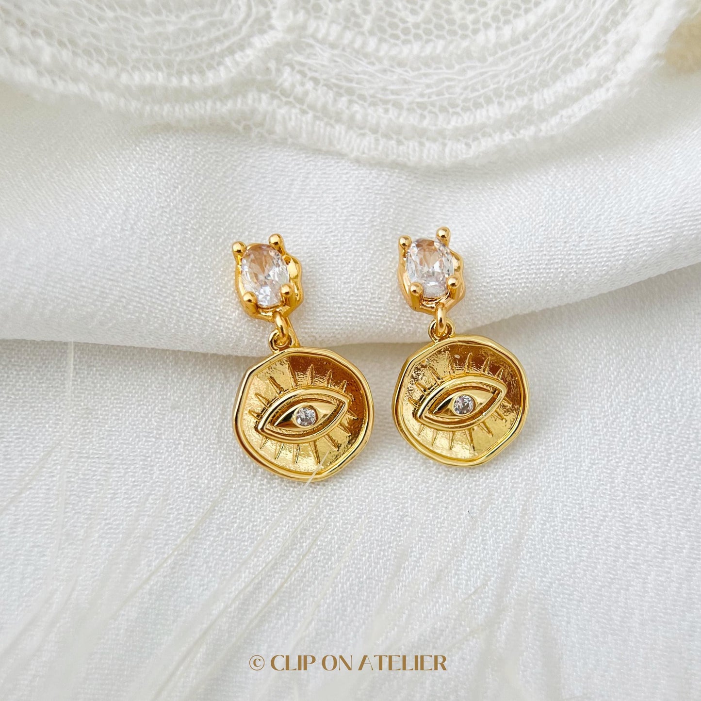 Gold Evil Eye Clip On Earrings: CZ Diamond Dangle, Non Pierced Ears