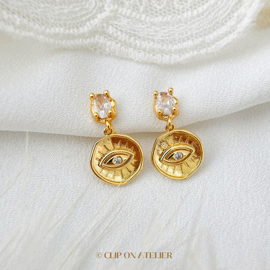 Gold Evil Eye Clip On Earrings: CZ Diamond Dangle, Non Pierced Ears