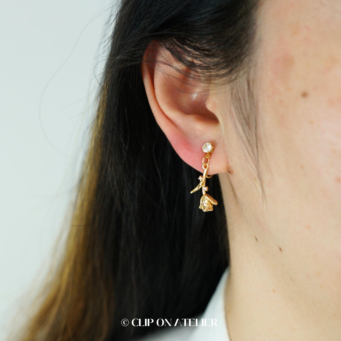 Clip On Earrings Gold Minimalist Boho Rose Flower Branch CZ Diamond Dainty Dangle Floral Invisible Ear Clips, Non Pierced Ears, Gift For Her