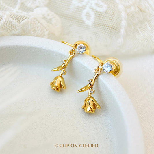 Clip On Earrings Gold Minimalist Boho Rose Flower Branch CZ Diamond Dainty Dangle Floral Invisible Ear Clips, Non Pierced Ears, Gift For Her