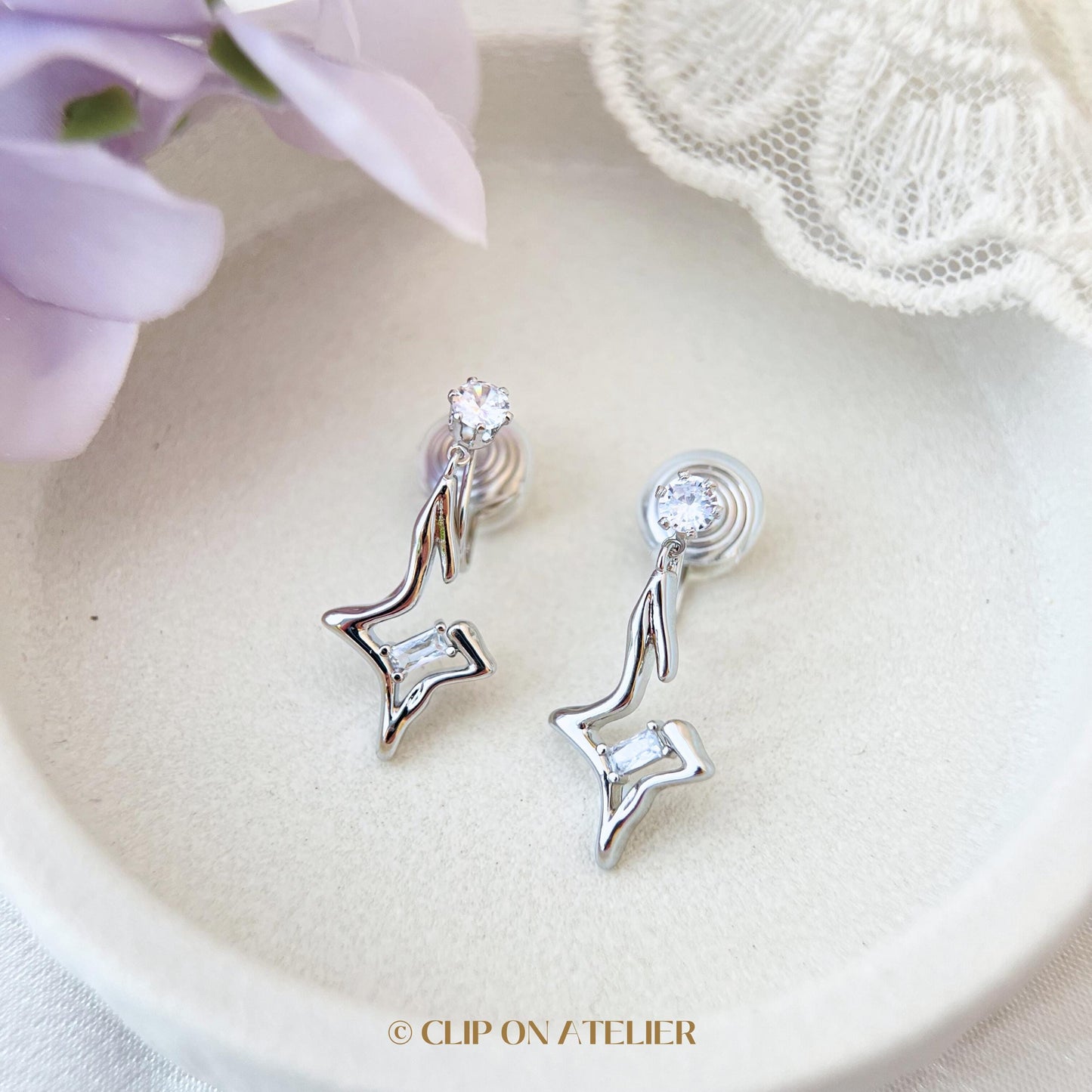 Clip On Earrings Star Minimalist Silver Diamond Stars Dainty Ear Clips | Pain Free Clip Coil Design | Non Pierced Ears | Starry Jewelry Gift