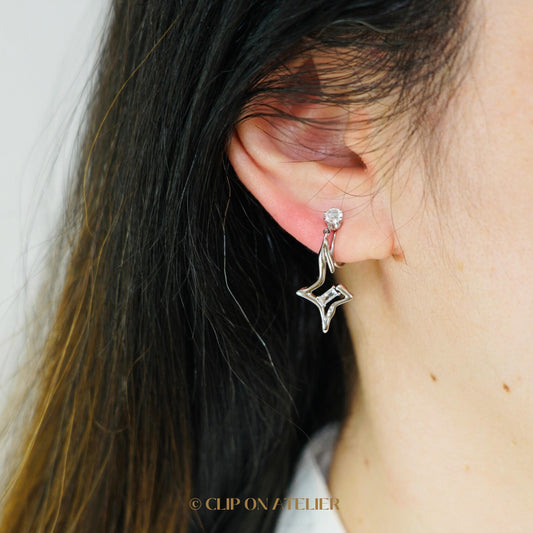 Clip On Earrings Star Minimalist Silver Diamond Stars Dainty Ear Clips | Pain Free Clip Coil Design | Non Pierced Ears | Starry Jewelry Gift