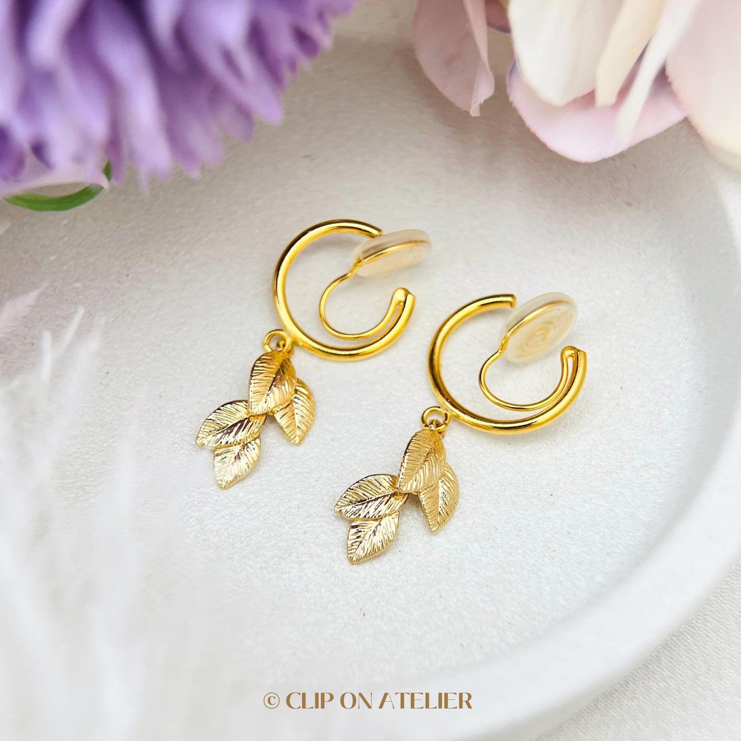 Gold Clip On Hoop Earrings: Boho Dainty Leaf Dangle, Non Pierced Ears, No Piercing