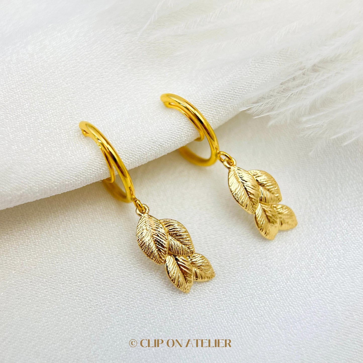 Gold Clip On Hoop Earrings: Boho Dainty Leaf Dangle, Non Pierced Ears, No Piercing