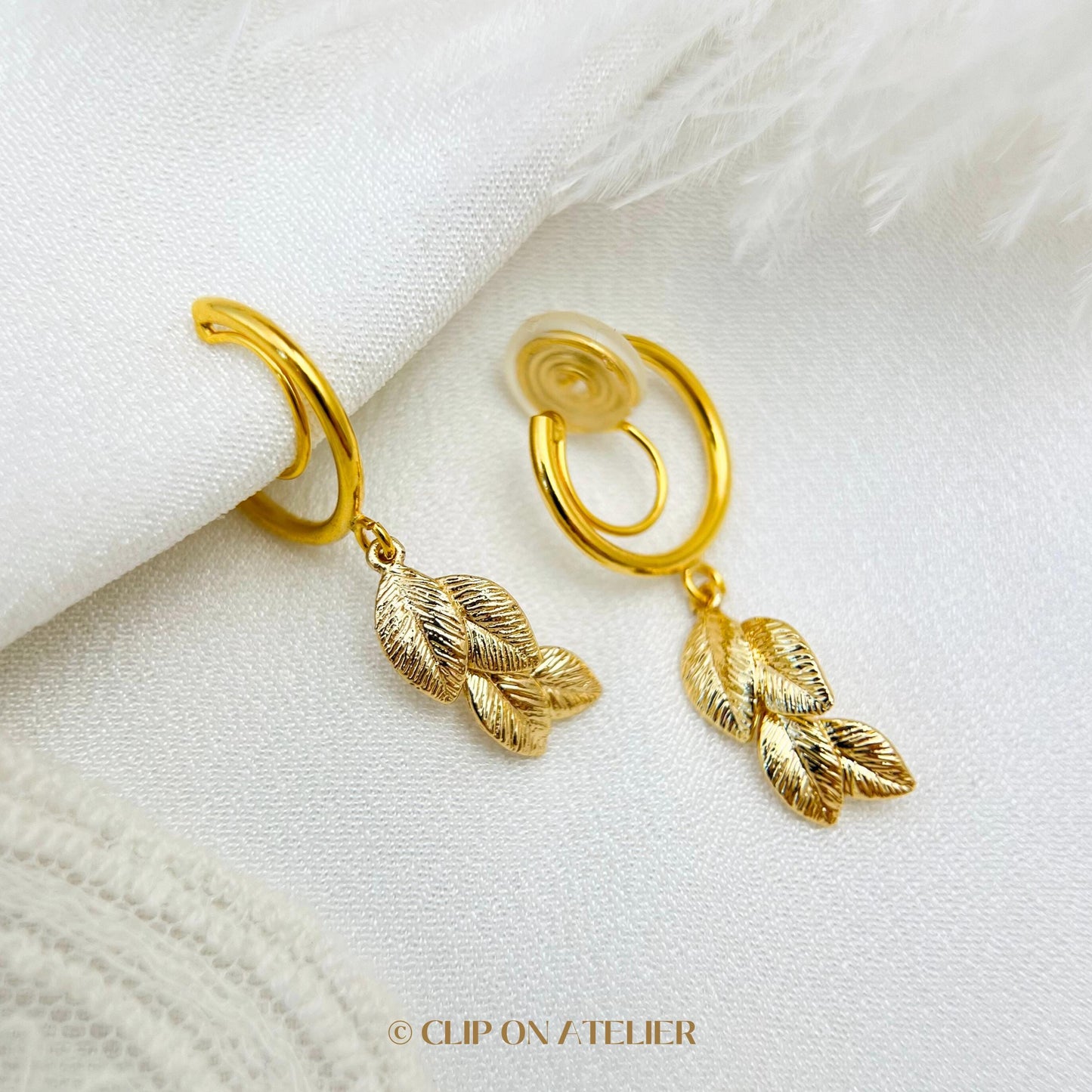 Gold Clip On Hoop Earrings: Boho Dainty Leaf Dangle, Non Pierced Ears, No Piercing