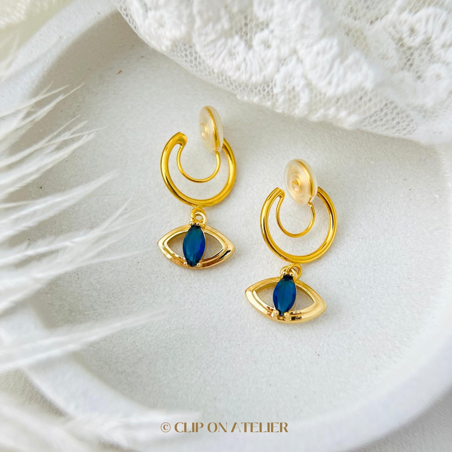 Clip On Earrings Evil Eye Minimalist Gold Hoop Halloween Sapphire Blue Diamond, Boho Dainty Dangle Huggies, Non Pierced Ears No Piercing