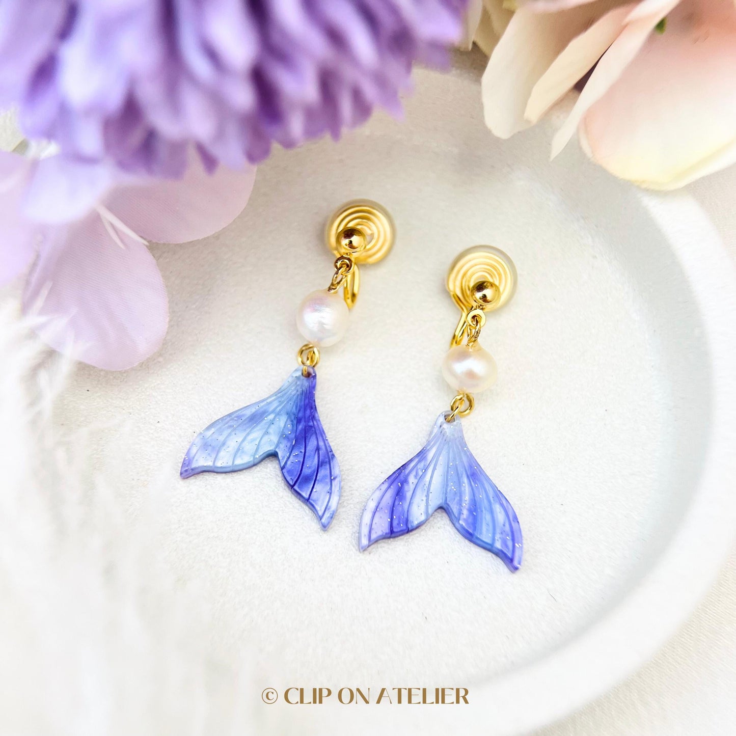 Mermaid Tail Natural Pearl Clip On Earrings