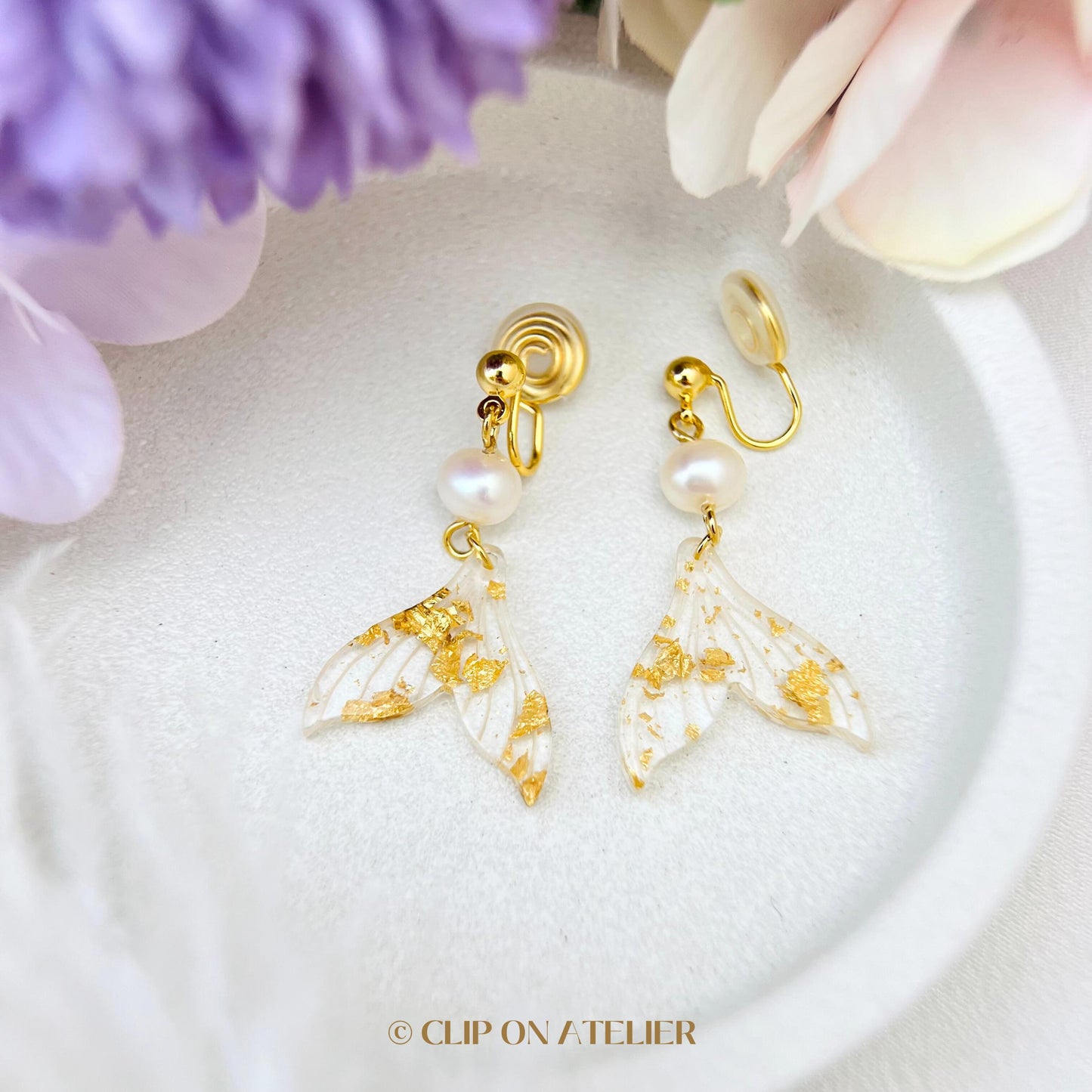 Mermaid Tail Natural Pearl Clip On Earrings