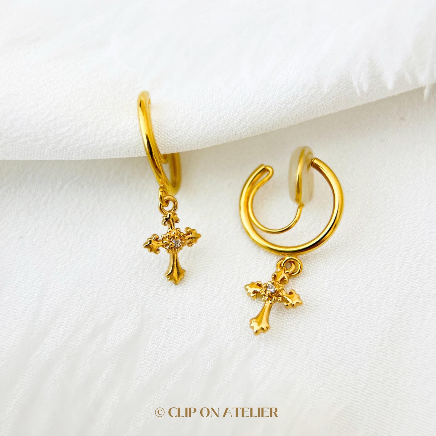 Gold Cross Clip-On Hoop Earrings: Dainty CZ Diamond Dangle, Non-Pierced