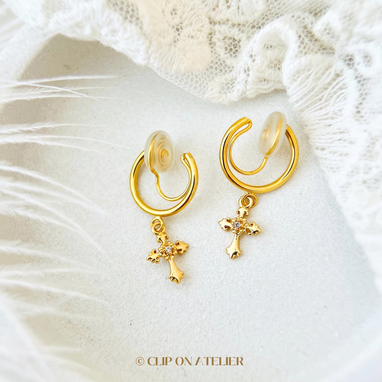 Gold Cross Clip-On Hoop Earrings: Dainty CZ Diamond Dangle, Non-Pierced