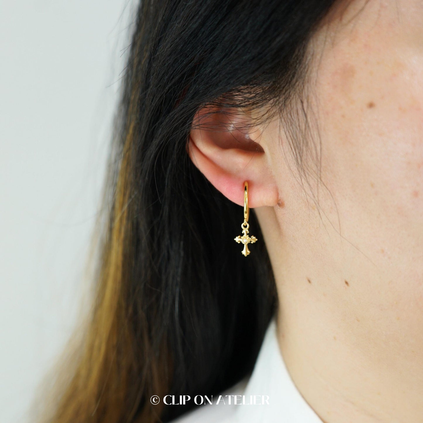 Gold Cross Clip-On Hoop Earrings: Dainty CZ Diamond Dangle, Non-Pierced