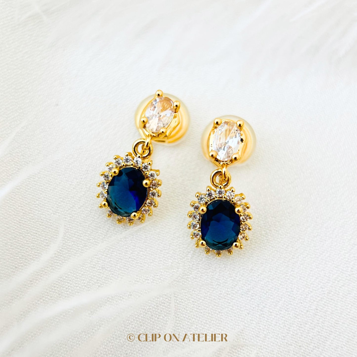 Clip On Earrings Blue CZ Diamond Minimalist Sapphire Drop Dangle, Classy Dainty Ear Clips, Non Pierced Ears No Piercing, Hypoallergenic