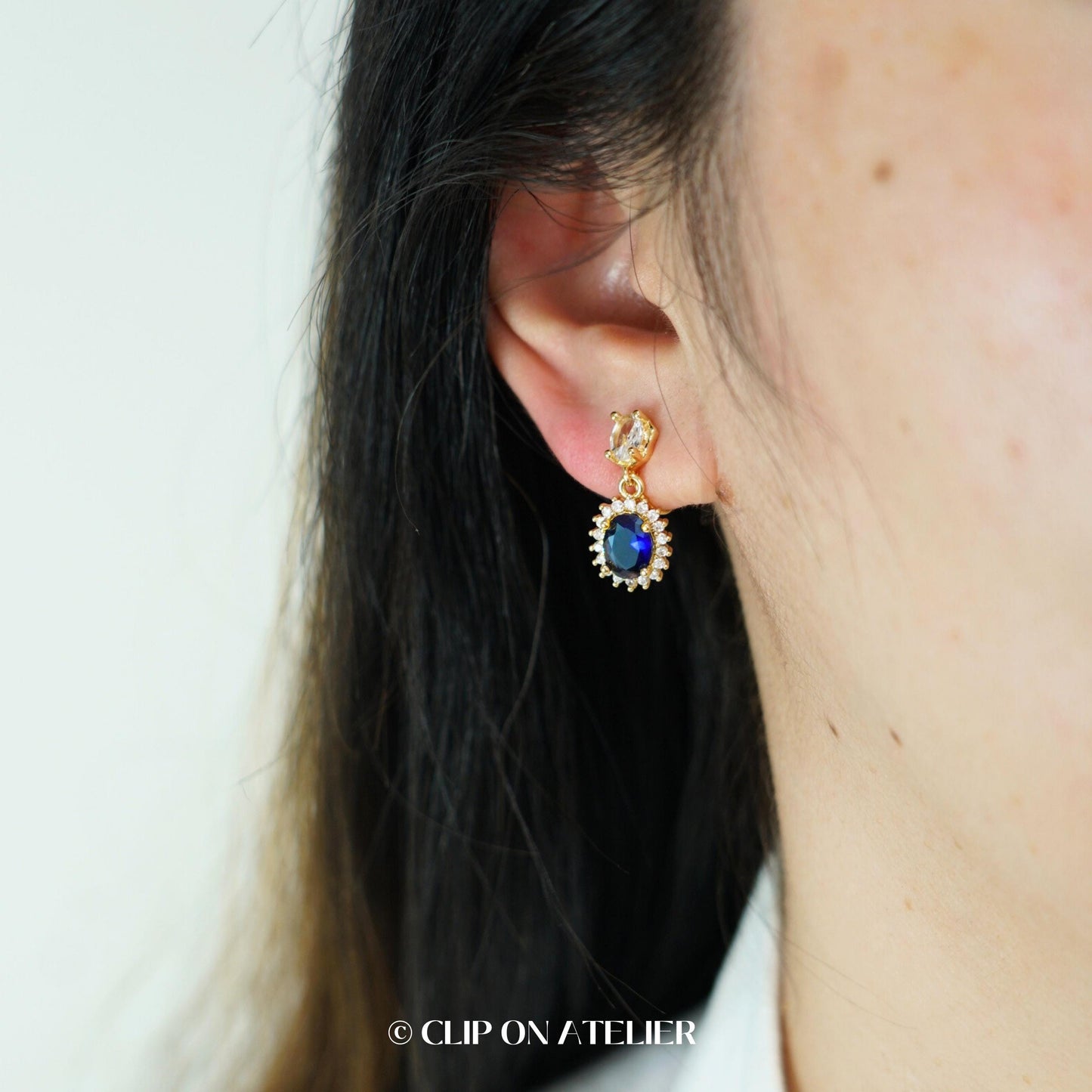 Clip On Earrings Blue CZ Diamond Minimalist Sapphire Drop Dangle, Classy Dainty Ear Clips, Non Pierced Ears No Piercing, Hypoallergenic