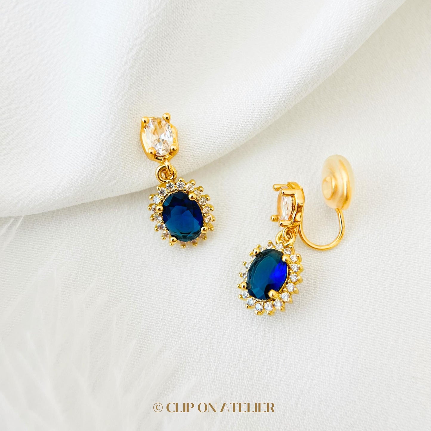 Clip On Earrings Blue CZ Diamond Minimalist Sapphire Drop Dangle, Classy Dainty Ear Clips, Non Pierced Ears No Piercing, Hypoallergenic