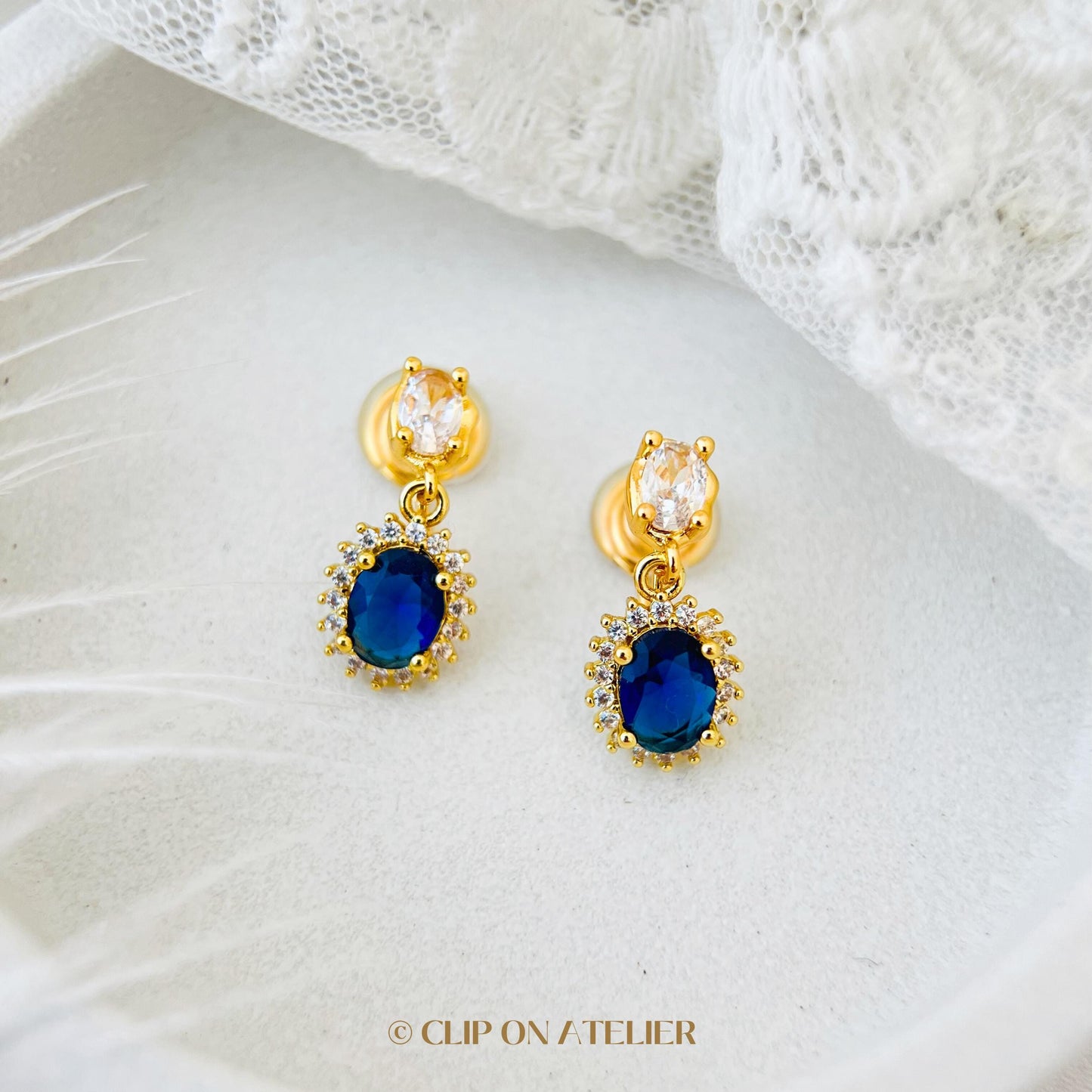 Clip On Earrings Blue CZ Diamond Minimalist Sapphire Drop Dangle, Classy Dainty Ear Clips, Non Pierced Ears No Piercing, Hypoallergenic
