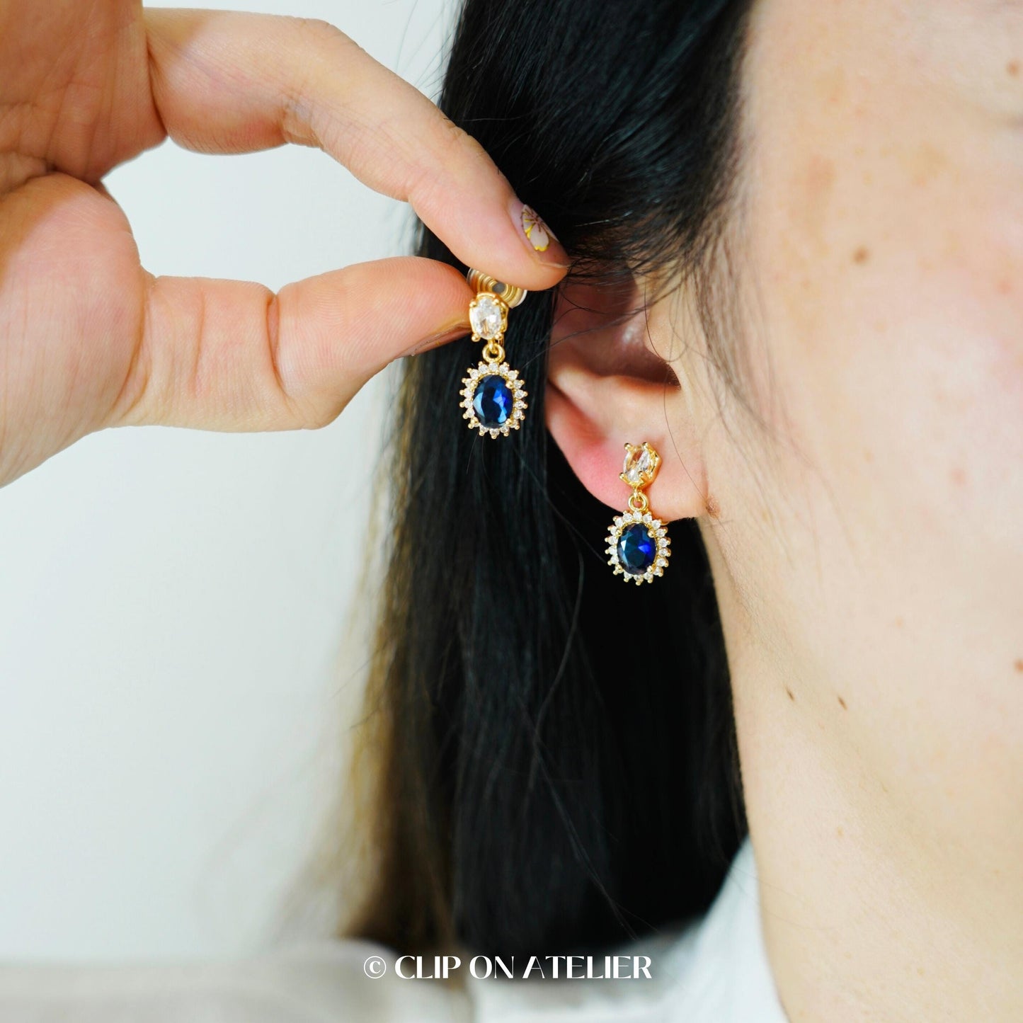Clip On Earrings Blue CZ Diamond Minimalist Sapphire Drop Dangle, Classy Dainty Ear Clips, Non Pierced Ears No Piercing, Hypoallergenic