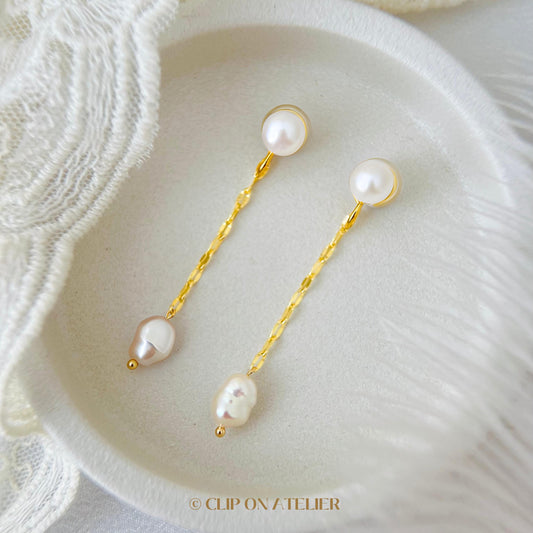 Natural Pearl Clip On Earrings, Ear Jacket Style