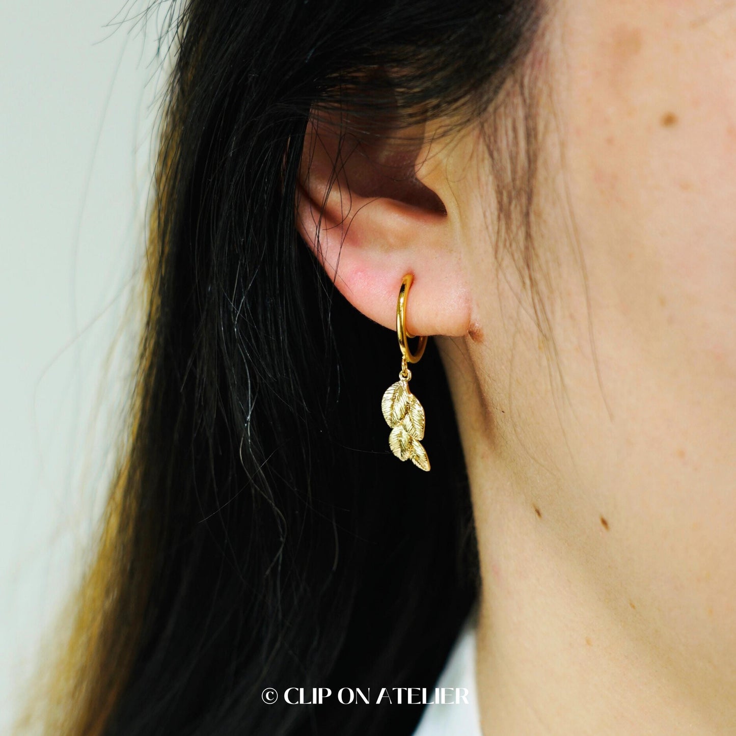 Gold Clip On Hoop Earrings: Boho Dainty Leaf Dangle, Non Pierced Ears, No Piercing