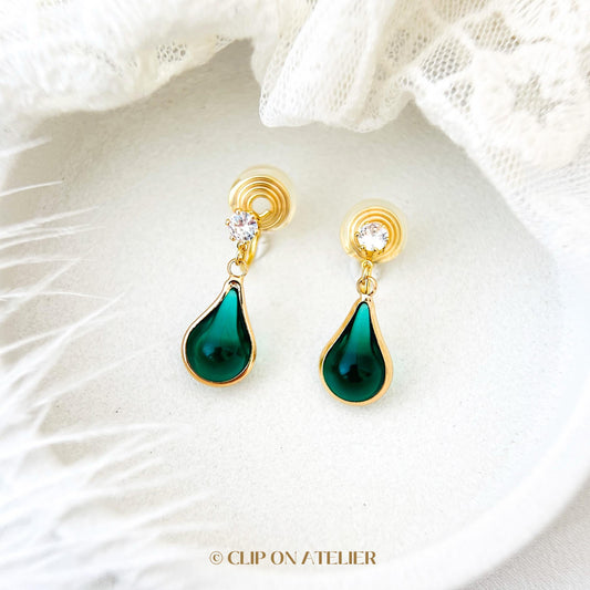 Clip On Earrings Multiple Colors Gold Minimalist Teardrop Tinted Glass Diamond Green Pink Purple, Non Pierced Ears No Piercing, Dainty Boho