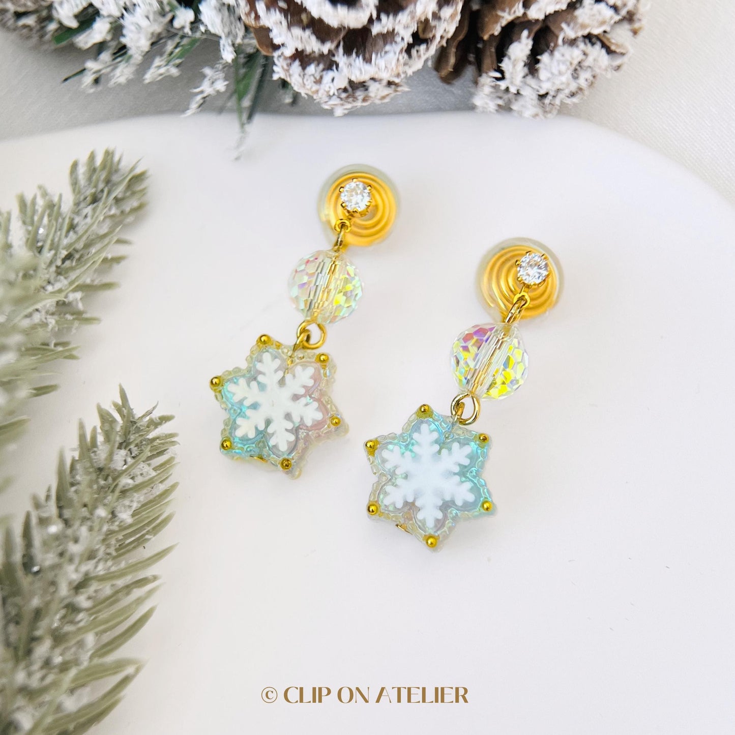 Iridescent Snowflake Winter Clip On Earrings