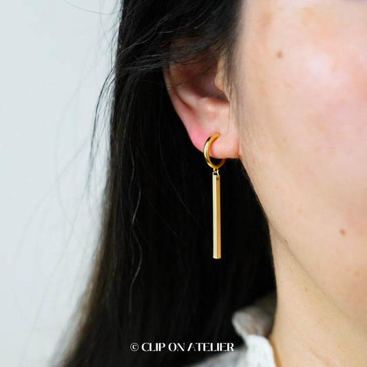 Clip On Earrings Gold Bar Dangle, Minimalist Classy Small Hoop Huggies, Simple Edgy Hypoallergenic Ear Clips, Non Pierced Ears No Piercing