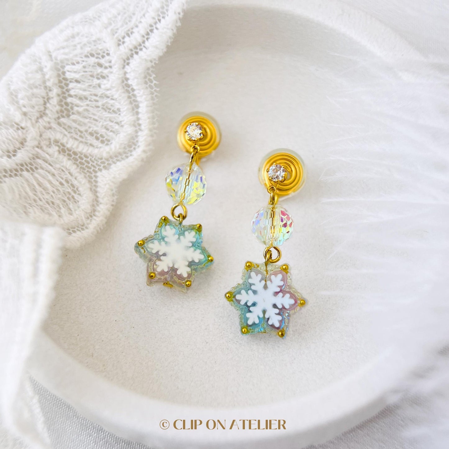 Iridescent Snowflake Winter Clip On Earrings