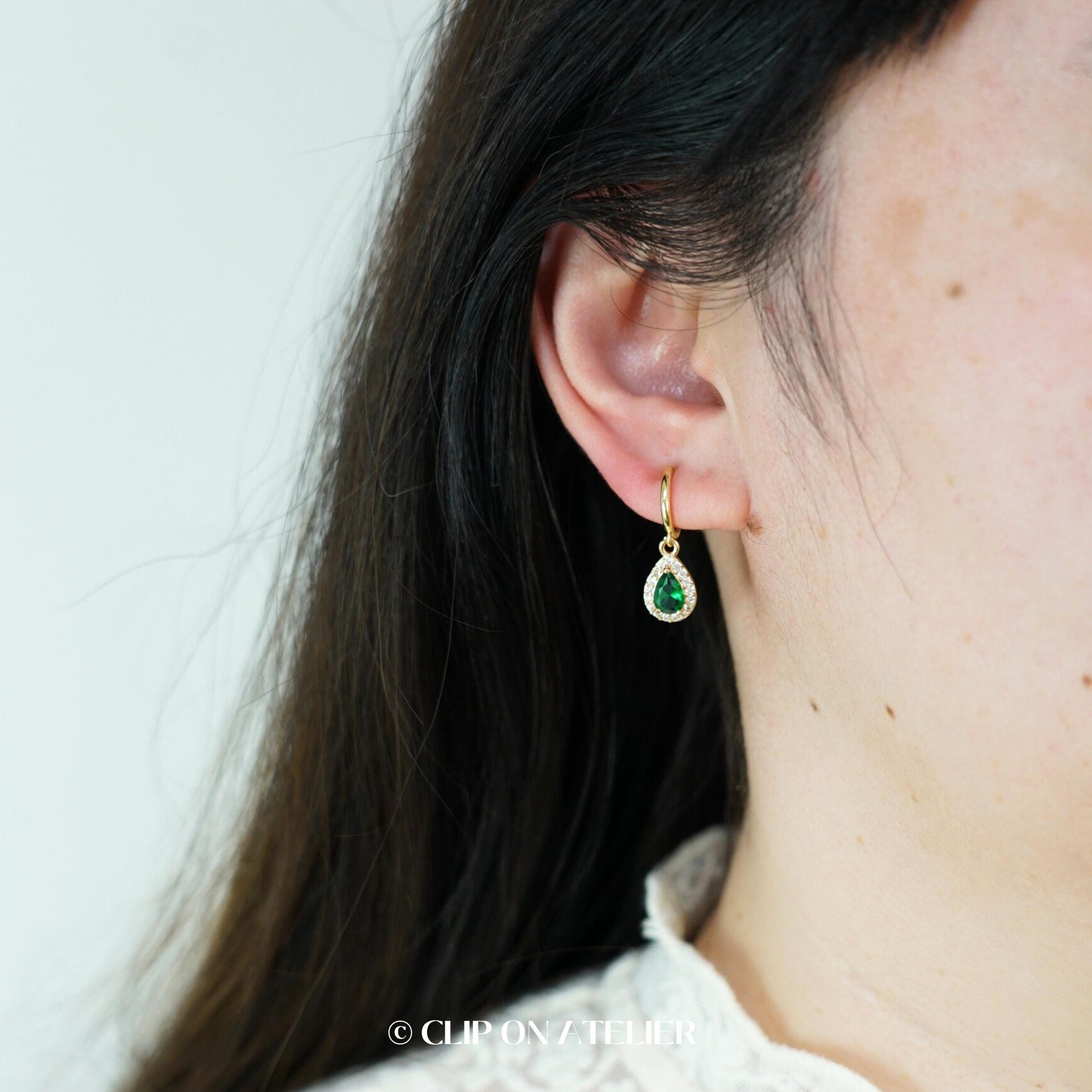 Clip On Earrings Minimalist Gold Hoop Emerald Green Teardrop Huggies, Boho Ear Clips Non Pierced Ears No Piercing, Dainty Jewelry Gift Prom
