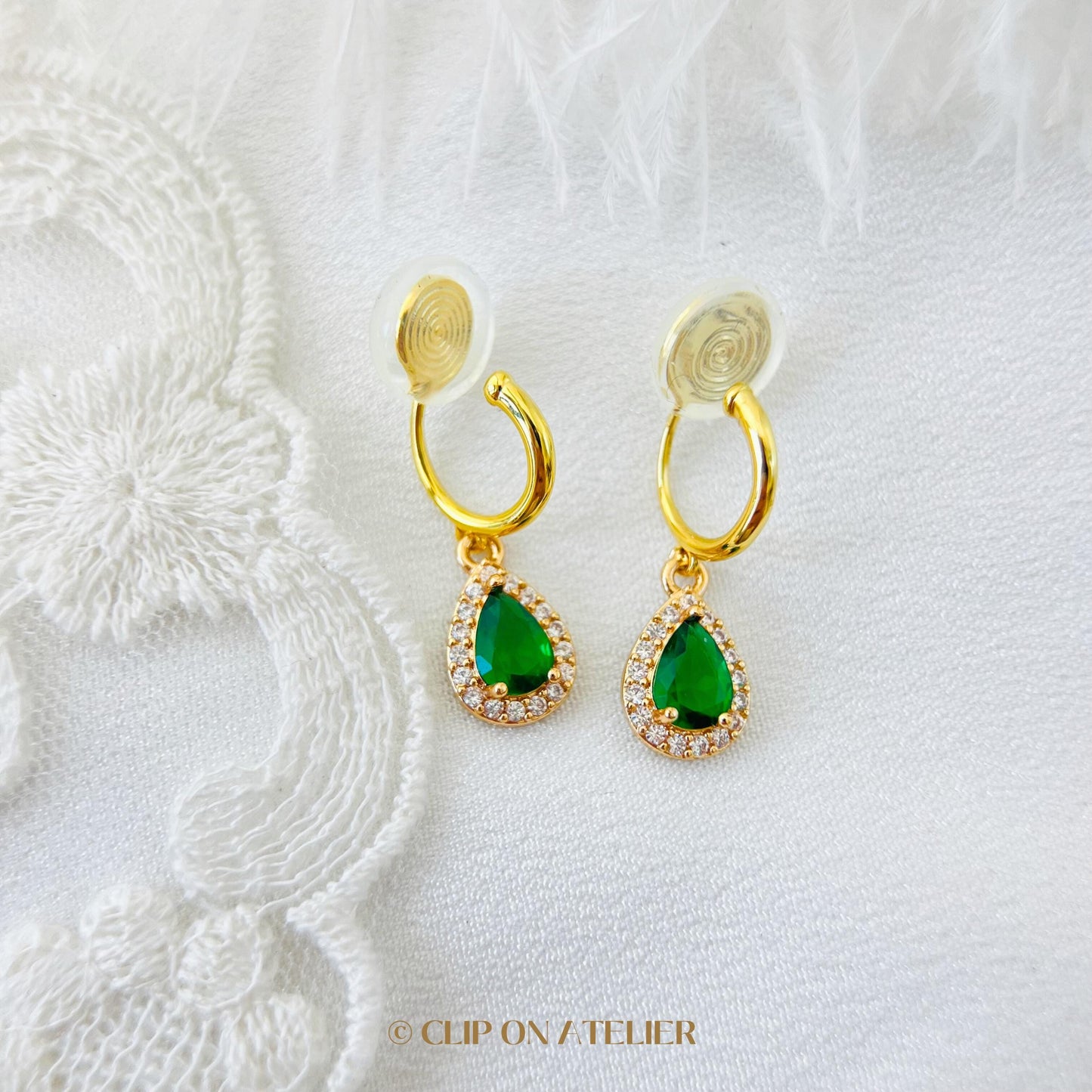 Clip On Earrings Minimalist Gold Hoop Emerald Green Teardrop Huggies, Boho Ear Clips Non Pierced Ears No Piercing, Dainty Jewelry Gift Prom