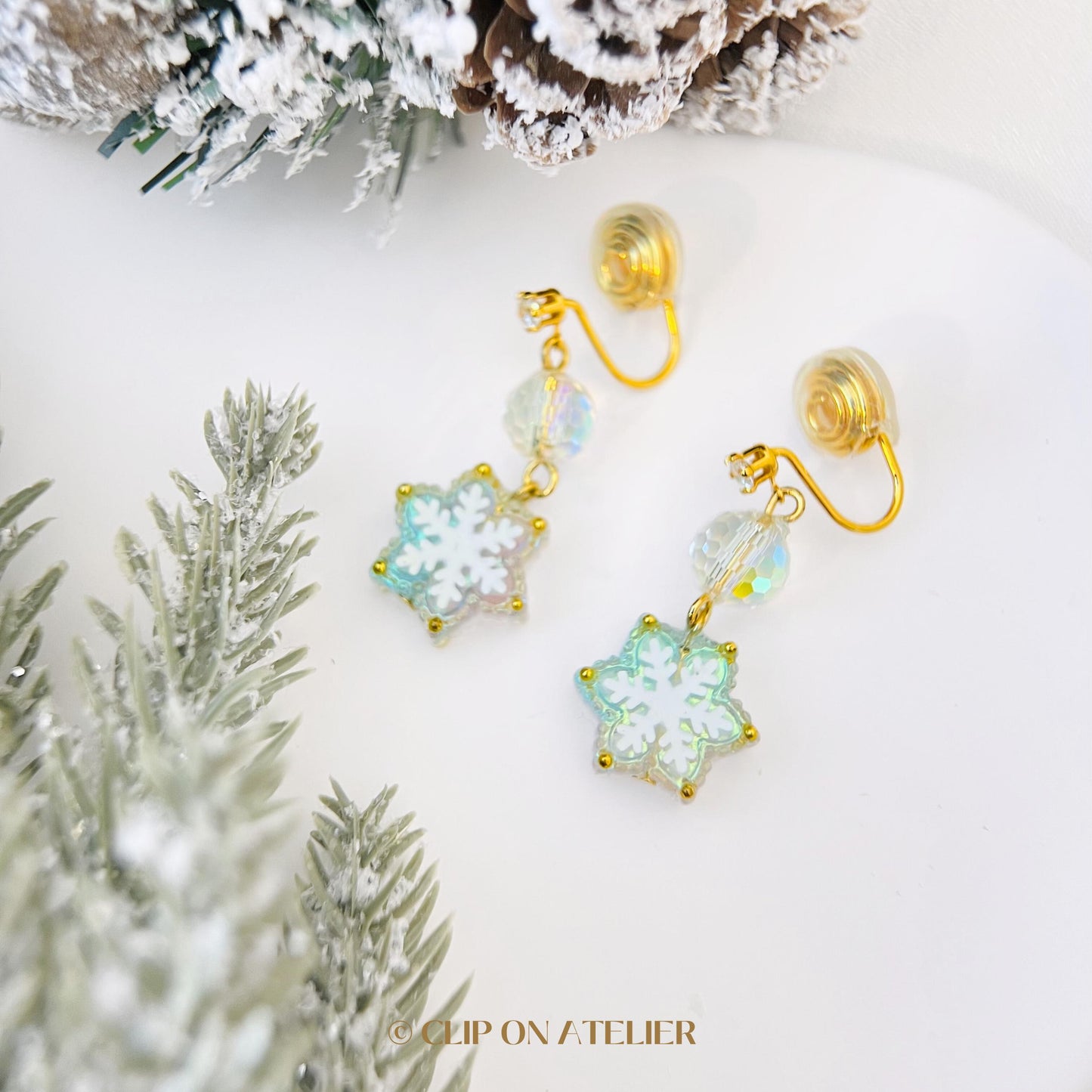 Iridescent Snowflake Winter Clip On Earrings