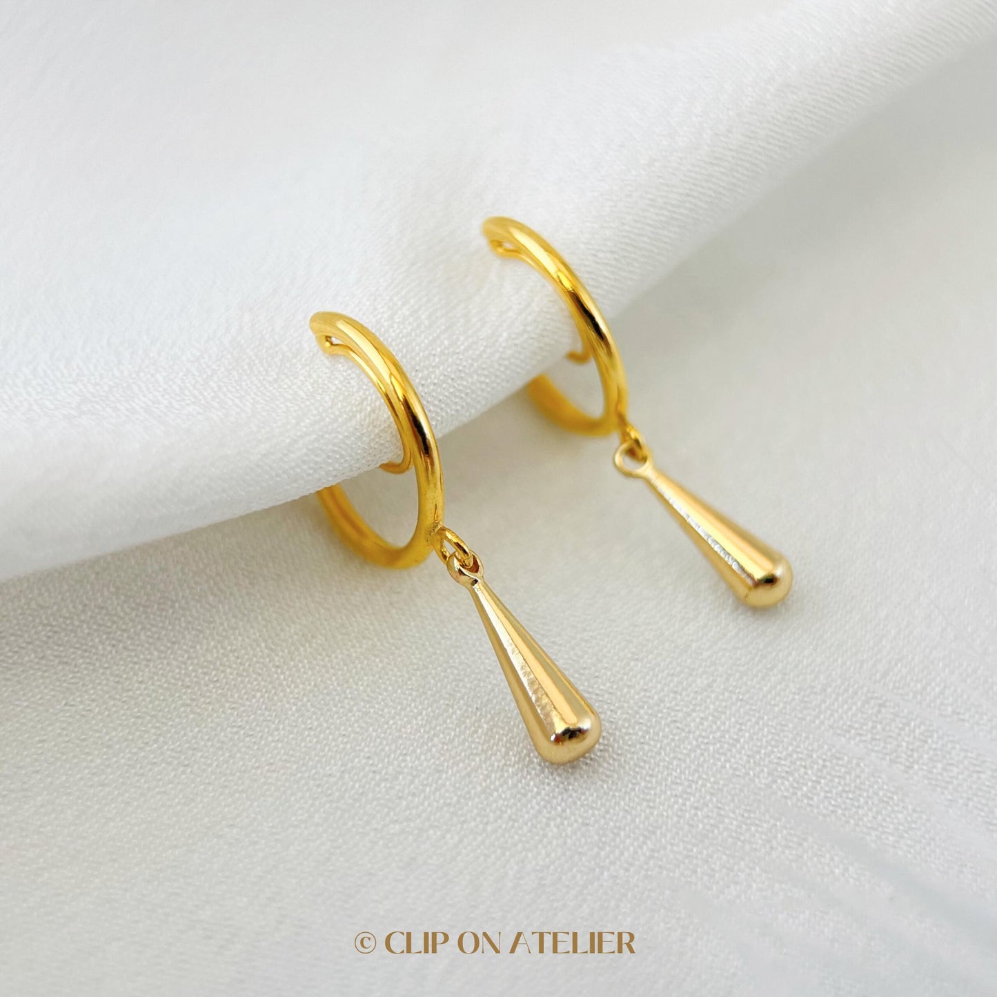 Clip On Earrings Minimalist Gold Hoop Teardrop Dangle Huggies, Simple Dainty Classy Hypoallergenic Ear Clips, Non Pierced Ears No Piercing