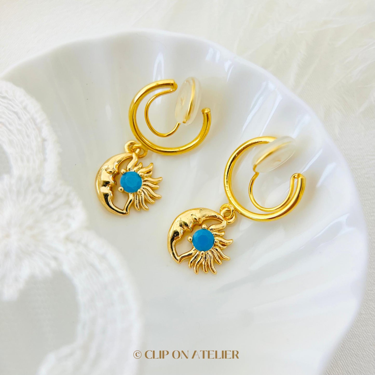 Sunburst & Moon Clip On Earrings