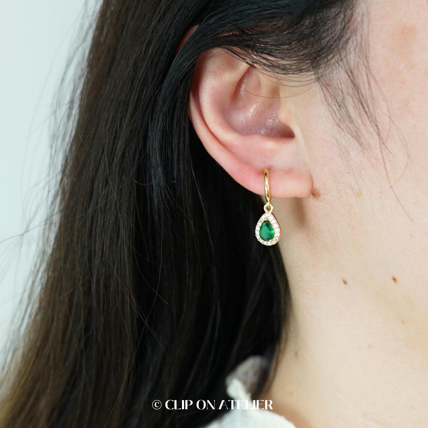 Clip On Earrings Minimalist Gold Hoop Emerald Green Teardrop Huggies, Boho Ear Clips Non Pierced Ears No Piercing, Dainty Jewelry Gift Prom
