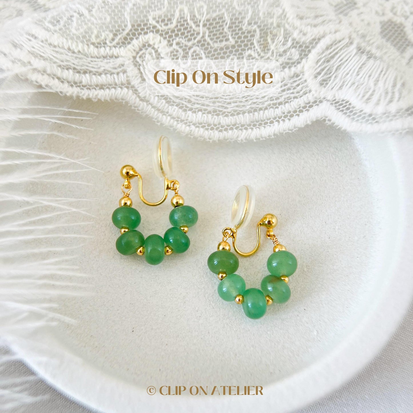 Clip On Earrings Minimalist Green Gemstone Hoop, Jade Green Agate Aventurine, Boho Dainty Huggies Ear Clips, No Pierced Ears No piercing