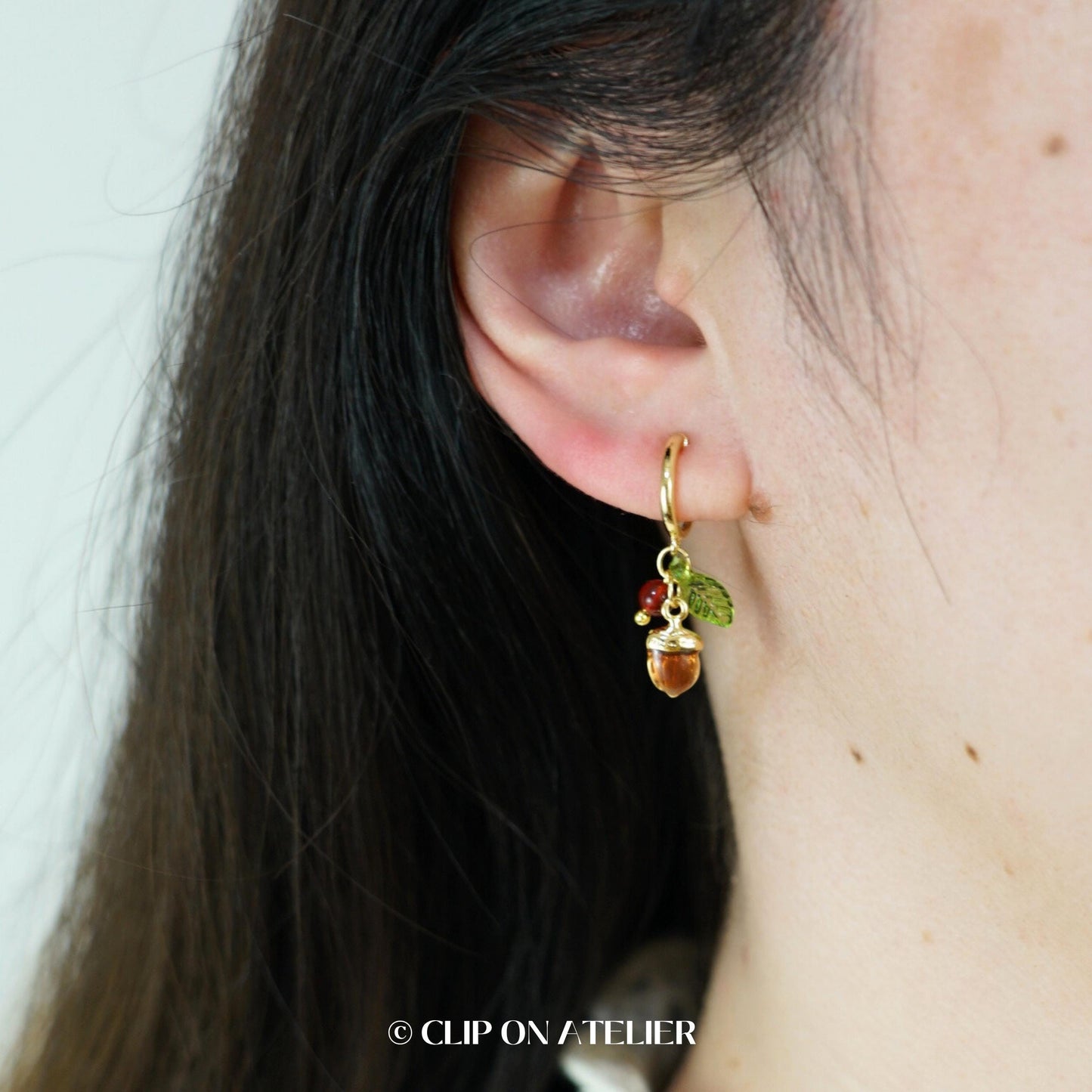 Acorn Clip On Earrings Gold Hoop Christmas