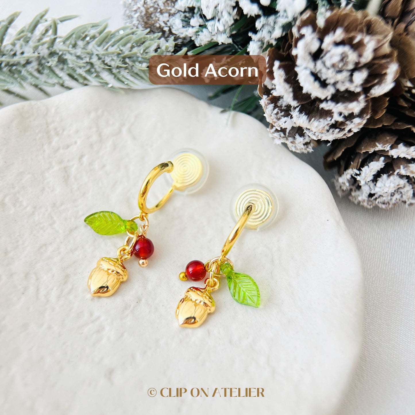 Acorn Clip On Earrings Gold Hoop Christmas