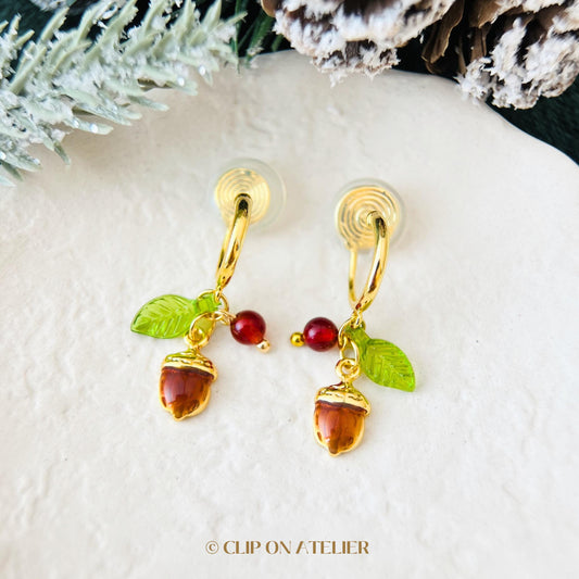 Acorn Clip On Earrings Gold Hoop Christmas