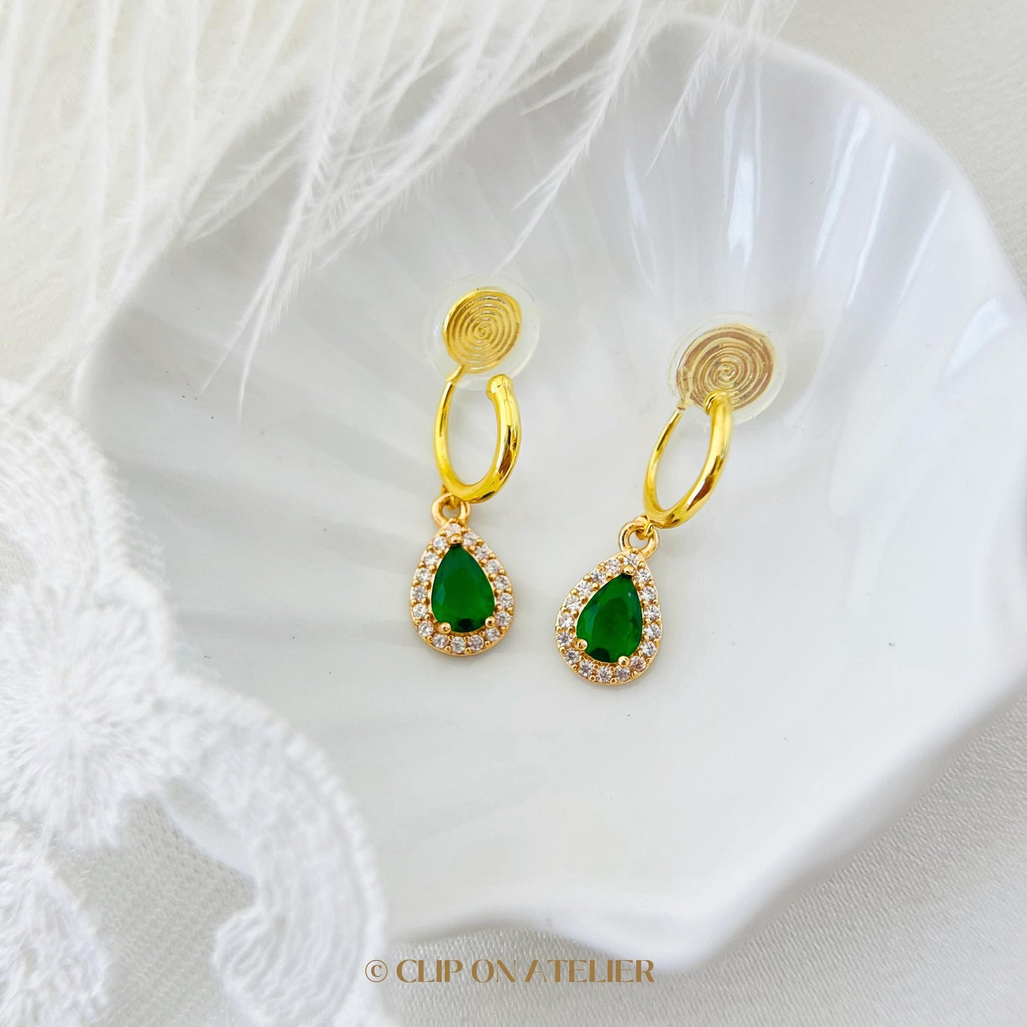 Clip On Earrings Minimalist Gold Hoop Emerald Green Teardrop Huggies, Boho Ear Clips Non Pierced Ears No Piercing, Dainty Jewelry Gift Prom