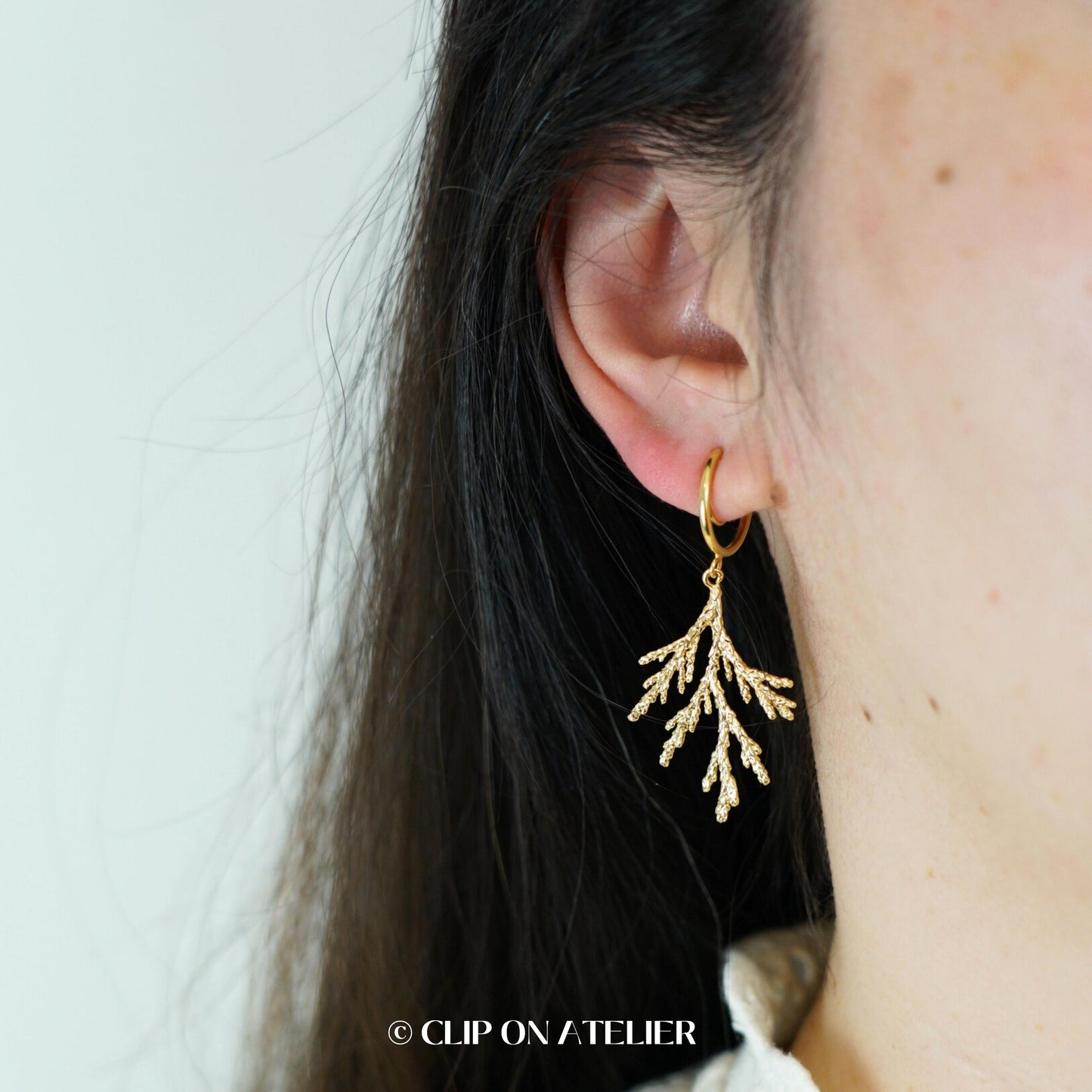 Pine Branch Clip On Earrings Gold Ceder Minimalist Boho Leaf Dainty Drop Dangle Ear Clips, Non Pierced Ears No Piercings, Christmas Gift