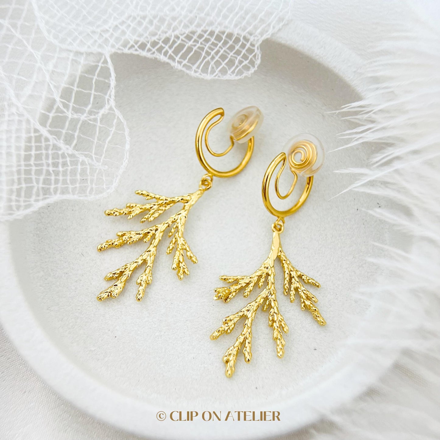 Pine Branch Clip On Earrings Gold Ceder Minimalist Boho Leaf Dainty Drop Dangle Ear Clips, Non Pierced Ears No Piercings, Christmas Gift