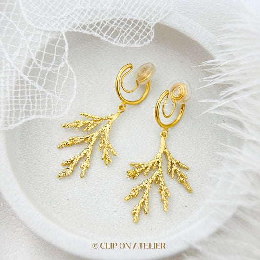 Pine Branch Clip On Earrings Gold Ceder Minimalist Boho Leaf Dainty Drop Dangle Ear Clips, Non Pierced Ears No Piercings, Christmas Gift