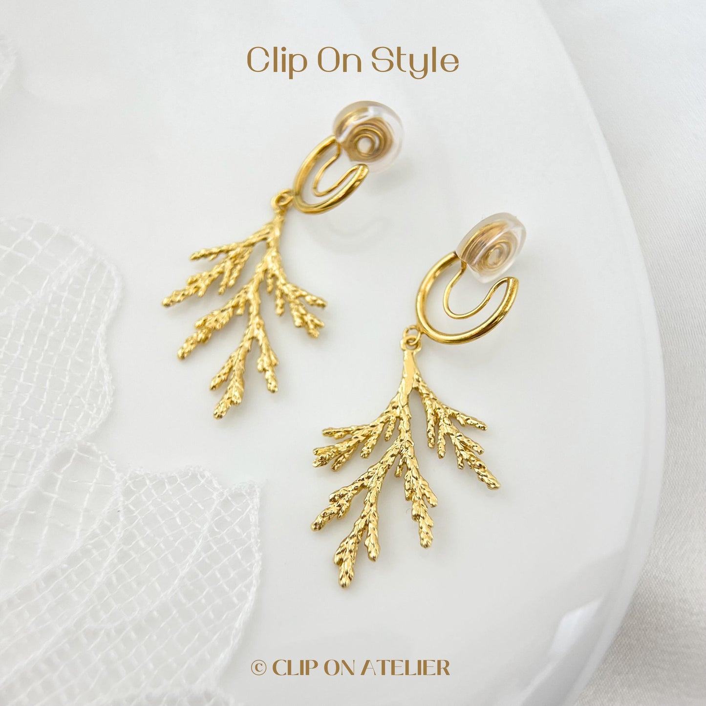 Pine Branch Clip On Earrings Gold Ceder Minimalist Boho Leaf Dainty Drop Dangle Ear Clips, Non Pierced Ears No Piercings, Christmas Gift