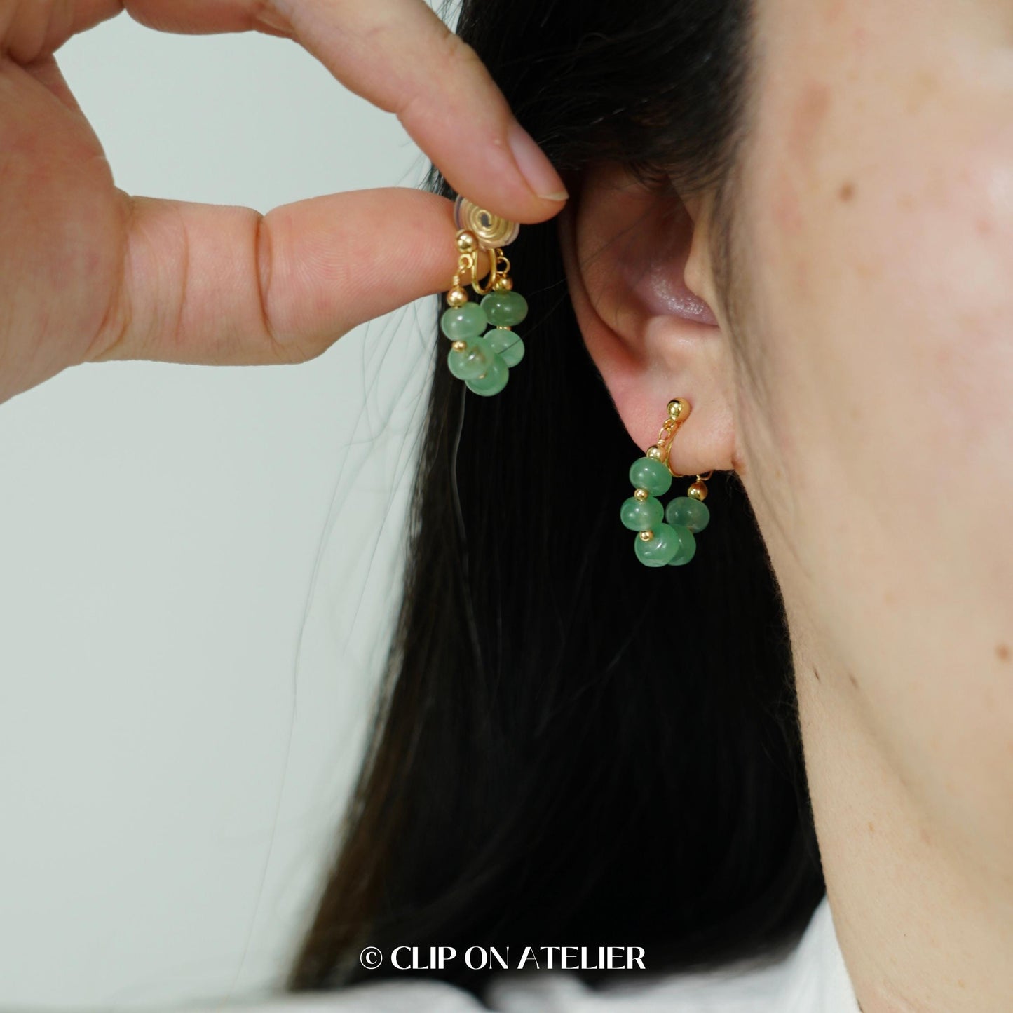 Clip On Earrings Minimalist Green Gemstone Hoop, Jade Green Agate Aventurine, Boho Dainty Huggies Ear Clips, No Pierced Ears No piercing