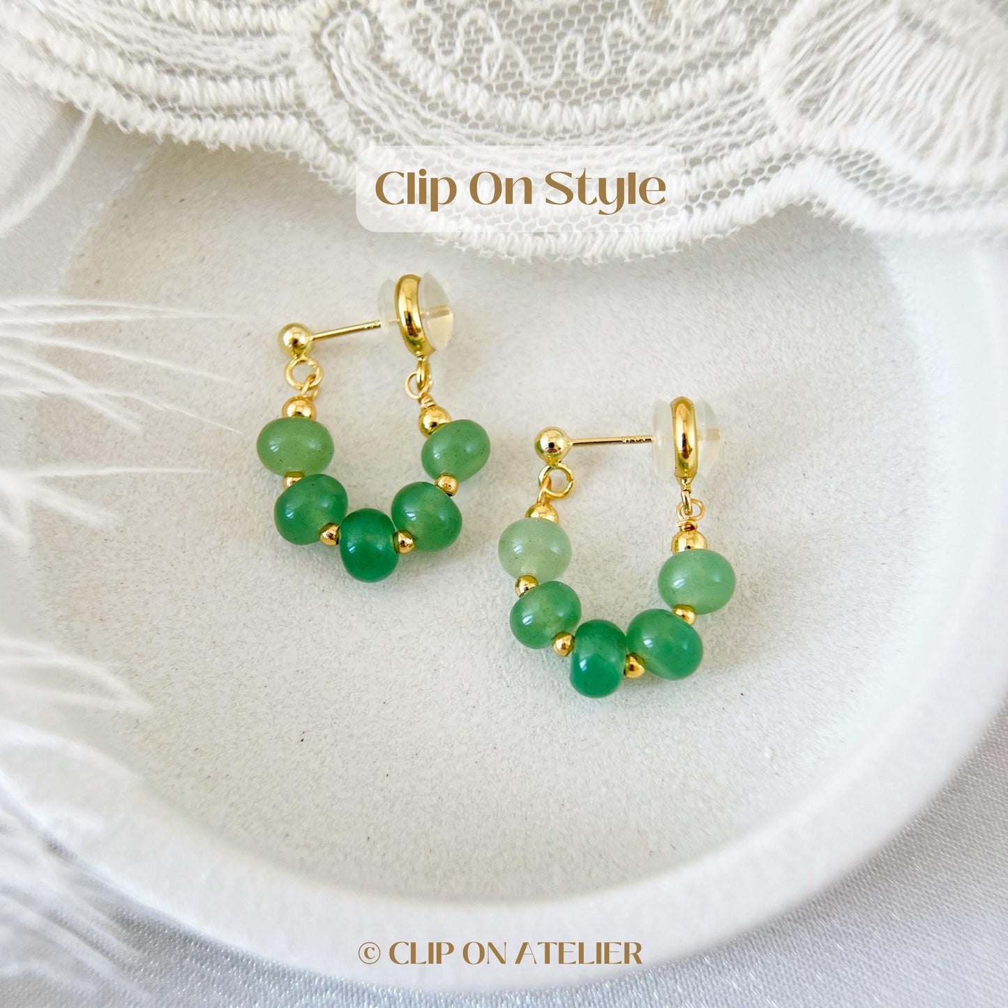 Clip On Earrings Minimalist Green Gemstone Hoop, Jade Green Agate Aventurine, Boho Dainty Huggies Ear Clips, No Pierced Ears No piercing