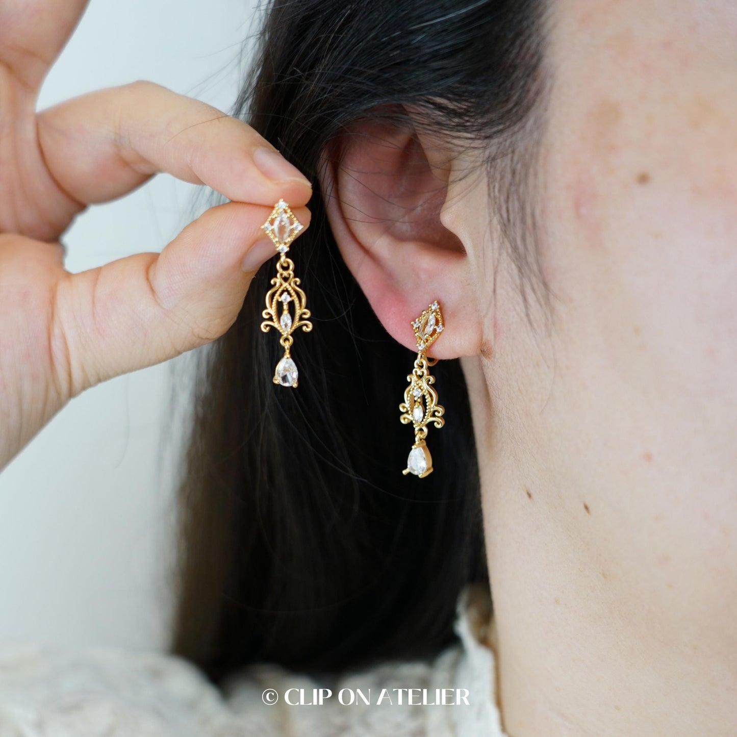 Art Deco Clip On Earrings Diamond Minimalist Vintage Inspired