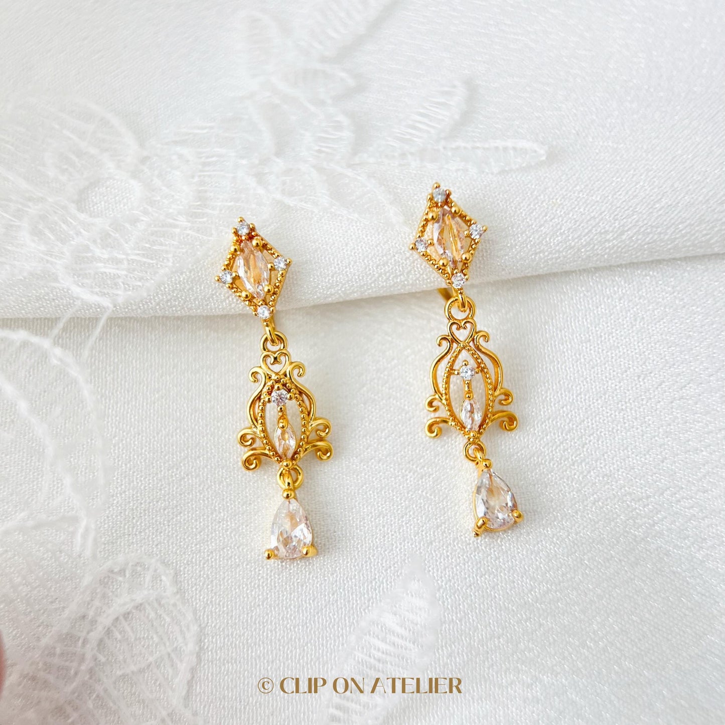 Art Deco Clip On Earrings Diamond Minimalist Vintage Inspired