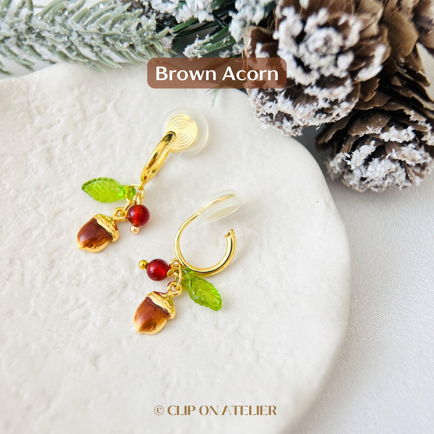 Acorn Clip On Earrings Gold Hoop Christmas